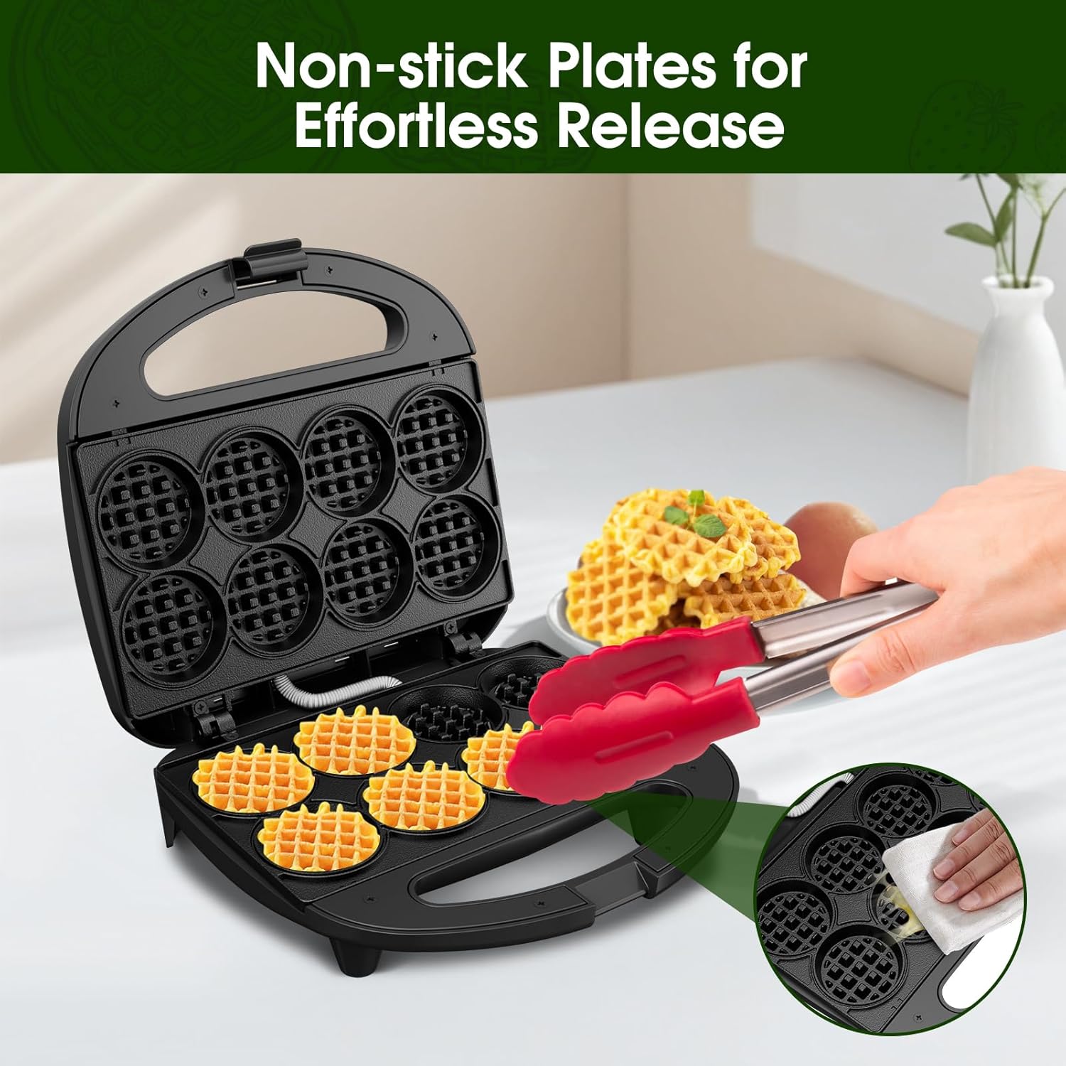 KEINVE Mini Waffle Maker for Kids, Make Bite-Sized 8 * 2" Tiny Waffles, Great for Breakfast, Snacks, Desserts and More - PuriLite