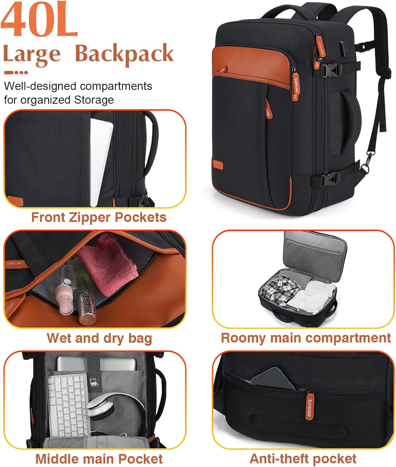 Lumesner Carry on Backpack, Extra Large 40L Flight Approved Travel Backpack for Men & Women