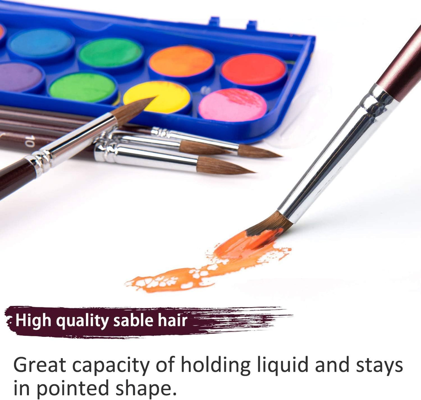 Fuumuuui Sable Watercolor Brushes 9pcs Detail to Mop | Round Pointed Paint Brushes Superior Sable Paint Brush Perfect for Watercolor Gouache Acrylic Ink Painting