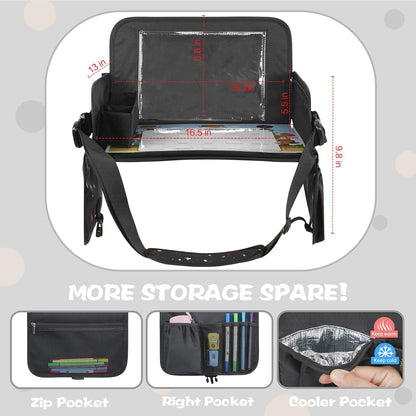 Kids Travel Tray for Car Seat | Portable Lap Desk with Dry Erase Drawing Board, Tablet Holder & Cooler Cup Holder