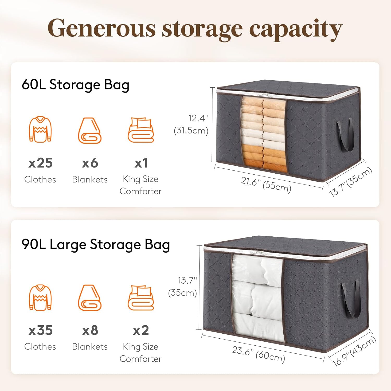 Large Fabric Clothes Storage Bags with Clear Window – Foldable Underbed Storage Containers for Clothing, Blankets and Closet Organization (6 Pack, Grey) - PuriLite