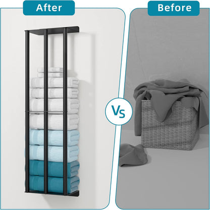 Wall Mounted Towel Rack with Shelves – 78cm Metal Bathroom Towel Holder with Dual Shelves and Vertical Bars for Rolled Towels, Matte Black - PuriLite
