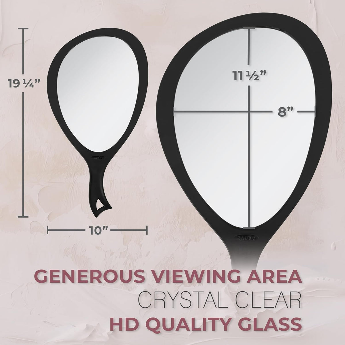 Zadro Salon Professional Extra Large Hand Mirror with Handle, 10" W x 19" L, Multi-Purpose Oval Handheld Mirror with New Distortion-Free Reflection (3, Black, Large (Pack of 3))