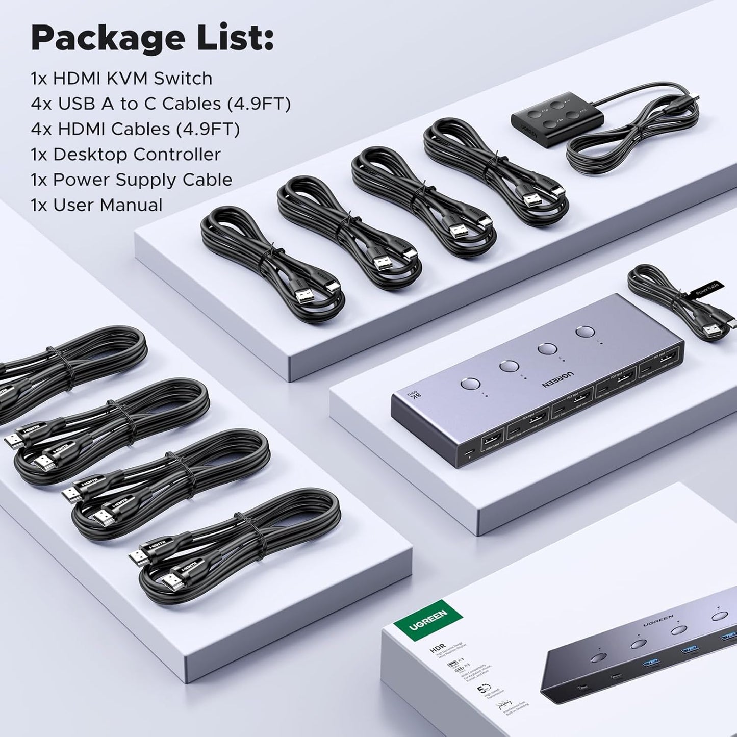UGREEN HDMI KVM Switch 4 PC 1 Monitor Support 8K@60Hz, 4 Port USB KVM Switches for 4 Computers Share Keyboard/Mouse/Hard Drives and 1 Monitor, KVM Switcher with 4 USB Cables and 4 HDMI Cables