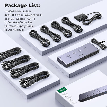 UGREEN HDMI KVM Switch 4 PC 1 Monitor Support 8K@60Hz, 4 Port USB KVM Switches for 4 Computers Share Keyboard/Mouse/Hard Drives and 1 Monitor, KVM Switcher with 4 USB Cables and 4 HDMI Cables