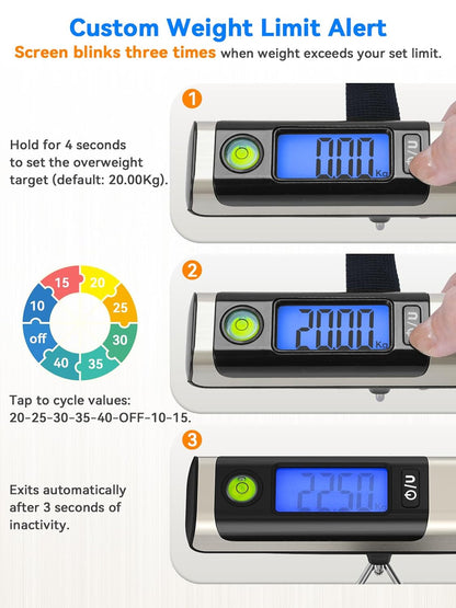 Luggage Scale, Dr.meter Digital Hanging Weight Scale with Tape Ruler, Portable Suitcase Scale 110lb/50kg Backlight LCD Display Electronic Scale Travel Essentials Traveler Gifts, Overload Alarm-Silver
