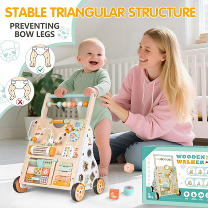 Weilim Wooden Baby Walker, 10-in-1 Montessori Push Walker for Toddlers 1+ Activity Center with Xylophone, Shape Sorter, Gears | Adjustable Speed & Height | Natural Wood Learning Walking Toy