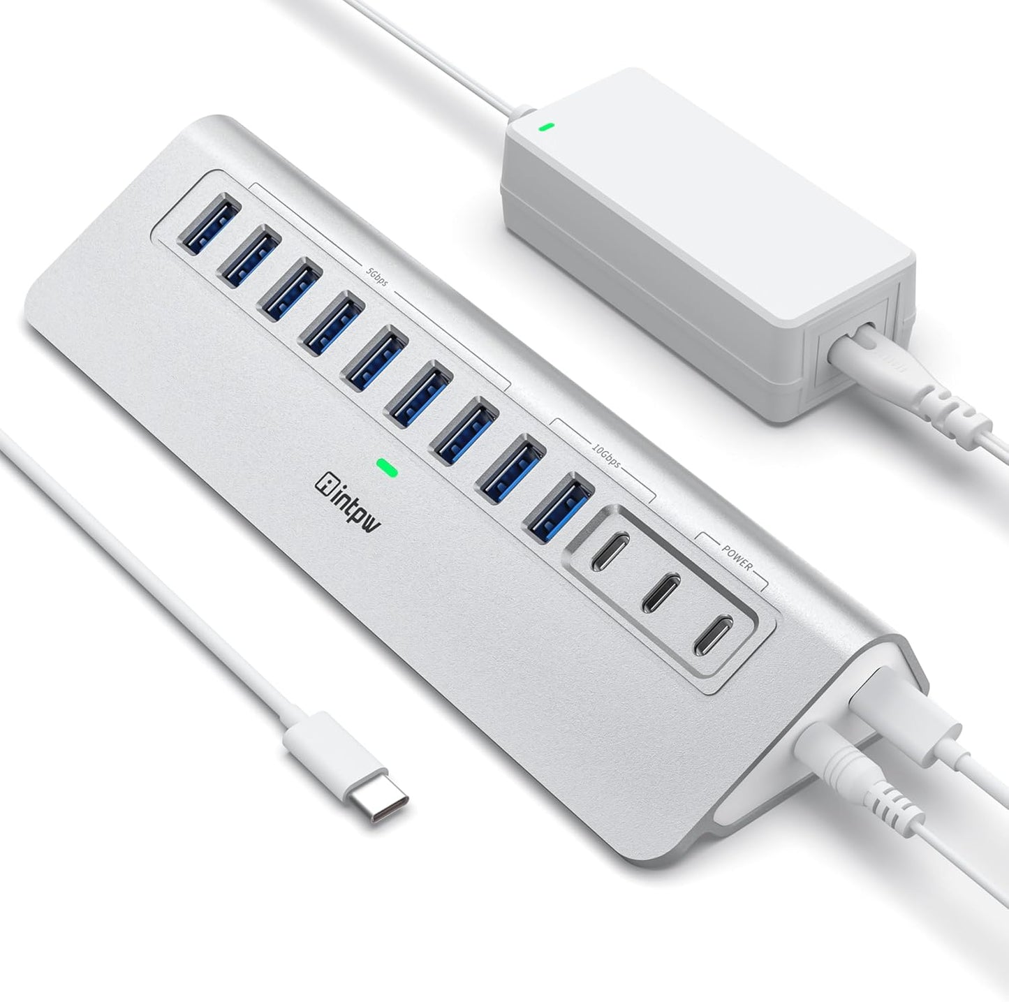 Powered USB Hub, Intpw 9-Port USB 3.2/USB C Hub with 10Gbps, 5*USB 3.0 + 45W PD Charging Ports, 3.3FT Cable and 65W Power Adapter, Aluminum USB Extender Hub for iphone16/ipad/Macbook/Laptop,PC