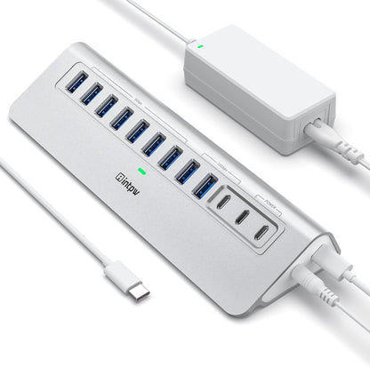 Powered USB Hub, Intpw 9-Port USB 3.2/USB C Hub with 10Gbps, 5*USB 3.0 + 45W PD Charging Ports, 3.3FT Cable and 65W Power Adapter, Aluminum USB Extender Hub for iphone16/ipad/Macbook/Laptop,PC