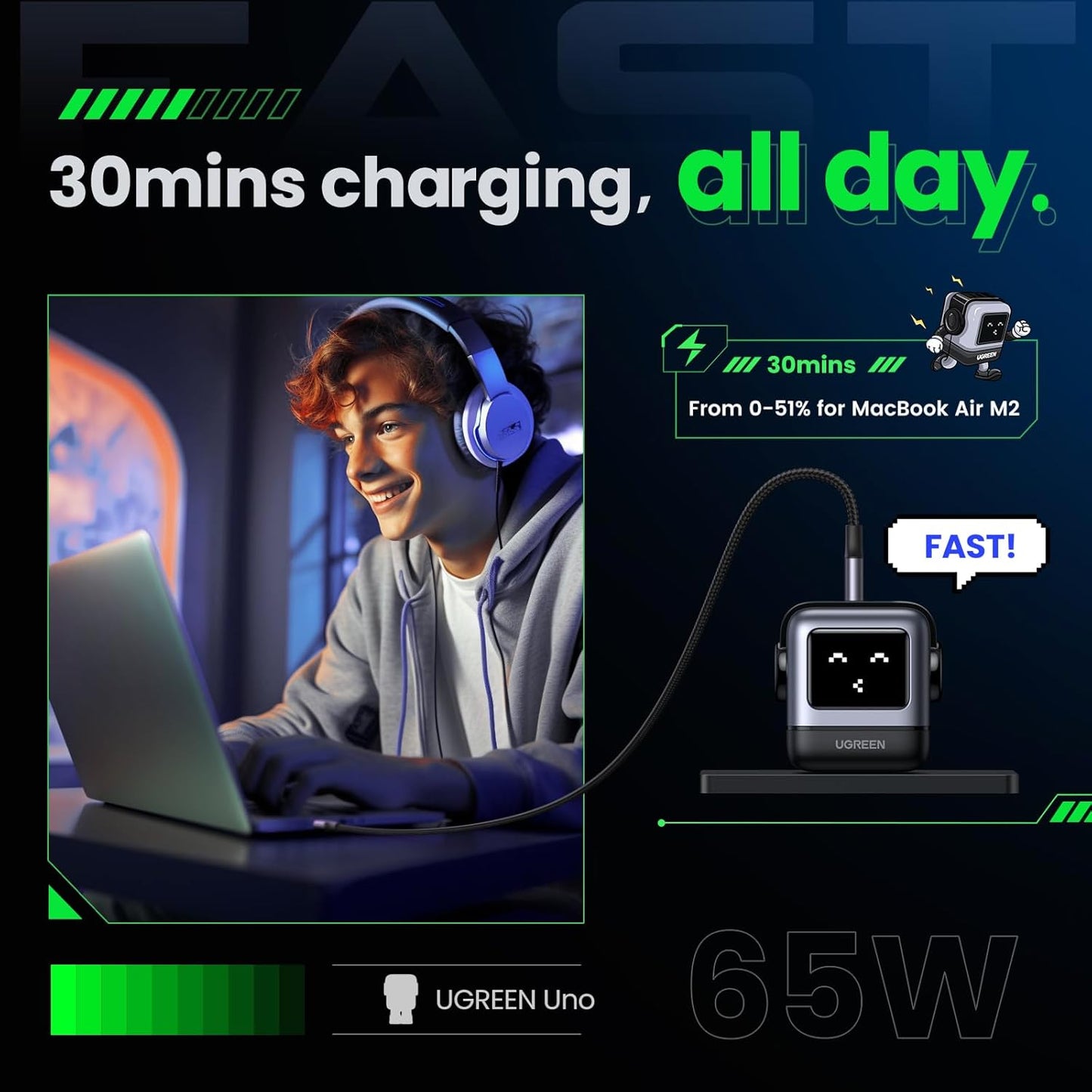 UGREEN Uno 65W USB C Charger, Nexode Robot GaN Fast Charger Block 3-Port, Compact Wall Charger Power Adapter for MacBook Pro/Air, iPhone 15 14 Pro, Galaxy S23 Ultra, Pixel 8, iPad, Steam Deck, Blue