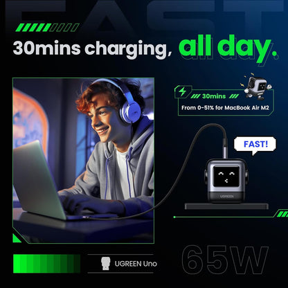 UGREEN Uno 65W USB C Charger, Nexode Robot GaN Fast Charger Block 3-Port, Compact Wall Charger Power Adapter for MacBook Pro/Air, iPhone 15 14 Pro, Galaxy S23 Ultra, Pixel 8, iPad, Steam Deck, Blue