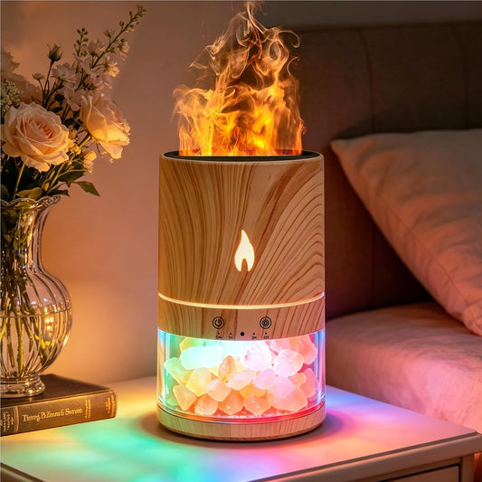 5-in-1 Flame Himalayan Salt Lamp Ultrasonic Essential Oil Diffuser, Cool Mist Humidifier, 1H/3H/6H Timer, Auto Shut-Off, Quiet Aromatherapy, 100% Pure Salt Crystals, 250ml (Wood)
