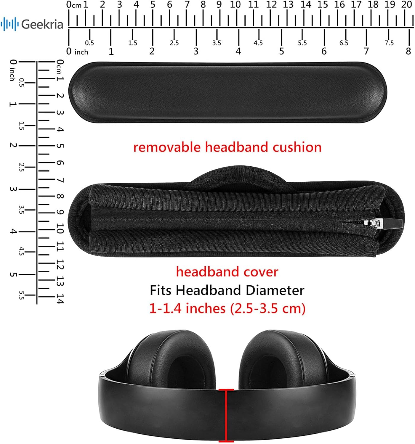 Geekria Hook and Loop Headband Cover + Pad Set, Protector with Zipper Closure Compatible with Medium Sized Headphones, Easy DIY Installation (Protein Leather/Black)