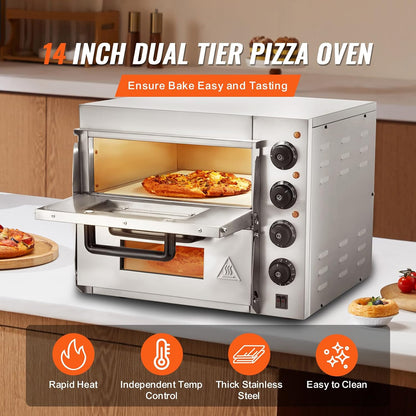 Commercial Countertop Pizza Oven, 14-Inch Dual-Layer Design, Stainless Steel Electric Pizza Maker with Stone and Handle, Versatile Indoor Baking Appliance for Home and Restaurant Use