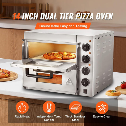 Commercial Countertop Pizza Oven, 14-Inch Dual-Layer Design, Stainless Steel Electric Pizza Maker with Stone and Handle, Versatile Indoor Baking Appliance for Home and Restaurant Use