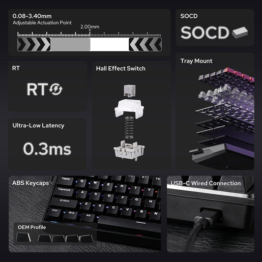 65 Percent Magnetic Hall Effect Keyboard Adjustable Actuation Wired RGB Compact Keyboard 8000Hz Polling Rate