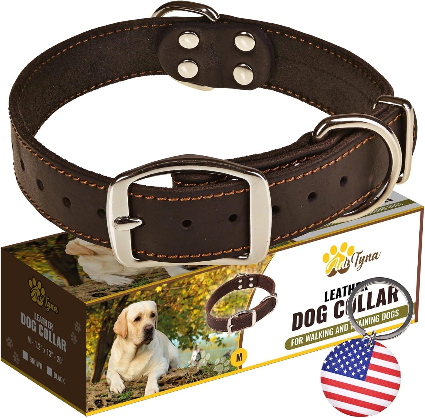 ADITYNA Heavy-Duty Leather Dog Collar for Medium Dogs - Soft and Strong, 100% Genuine Leather - Collier Pour Chien (Medium: Fit 13" - 20" Neck, Brown)