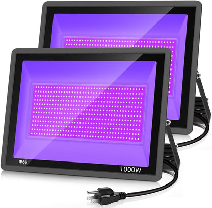 YANYCN 2 Pack 1000W LED Black Flood Light, Big Black Light Outdoor with Plug and Switch, IP66 Waterproof Blacklight for Glow Party, Halloween, Fluorescent Poster, Body Paint, Aquarium