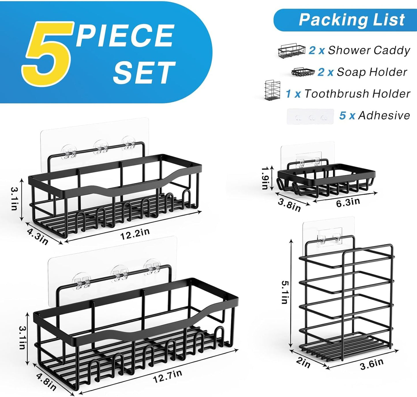 EUDELE 5-Pack Rustproof Stainless Steel Shower Caddy – No Drill Adhesive Bathroom Organizer with Large Capacity, Spacious Shower Shelves for Inside Shower, Kitchen & Home Decor Storage