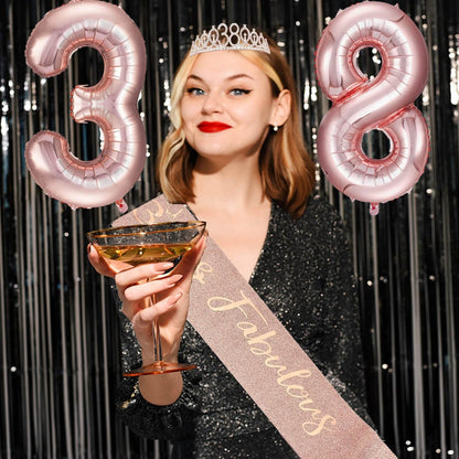 8pcs 40th Birthday Decorations gifts for Women, Including 40th Happy Birthday Cake Topper, Queen Sash with Pearl Pin, Sweet Rhinestone Tiara Crown for Women, Number Candles and Balloons (Rose Gold)