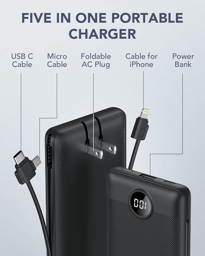 Portable Charger Built-in Cables and AC Wall Plug, VRURC USB C Power Bank 10000mAh, [2025 Upgraded Version] Phone Charger Compact Lightweight External Battery Pack for Smart Phones,Navy Blue