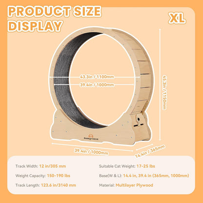 Homegroove Cat Wheel Treadmill, 46" XL Large Cat Exercise Running Wheel with Carpeted Runway, Fitness Weight Loss Device for Kitty’s Longer Life, Natural Wood Color(XL) |