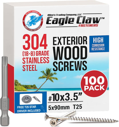 #10 x 3 Inch Stainless Steel Deck Screws 350 Pieces | T25 Star Torx Drive Flat Head | 304 Grade Stainless Steel Wood Screws High Corrosion Resistance by Allen's Trading Co. Eagle Claw Fasteners