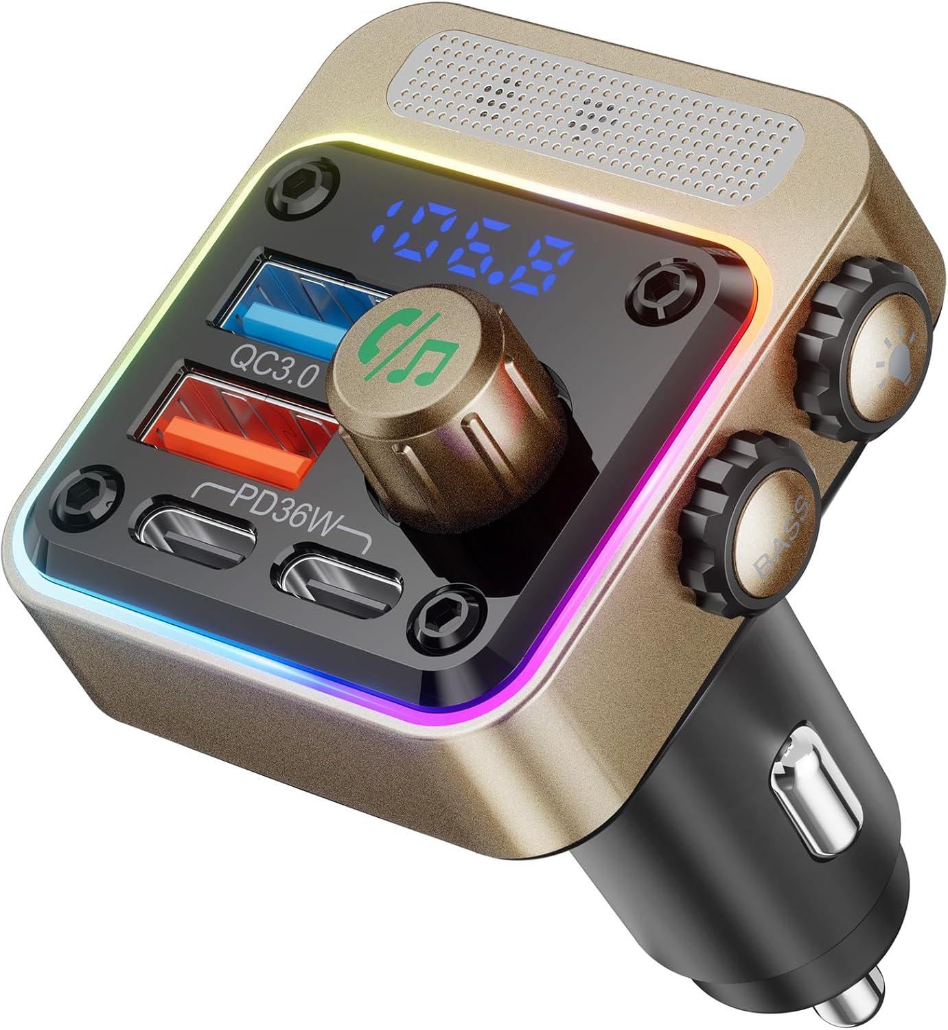 Nulaxy 54W [PD 36W & QC3.0 18W] Bluetooth 5.3 Car Adapter with 4 Charging Ports, Wireless Radio FM Transmitter Audio Receiver with Deep Bass MP3 Music Player, 5 Colors LED Backlit, Hands-Free Calling