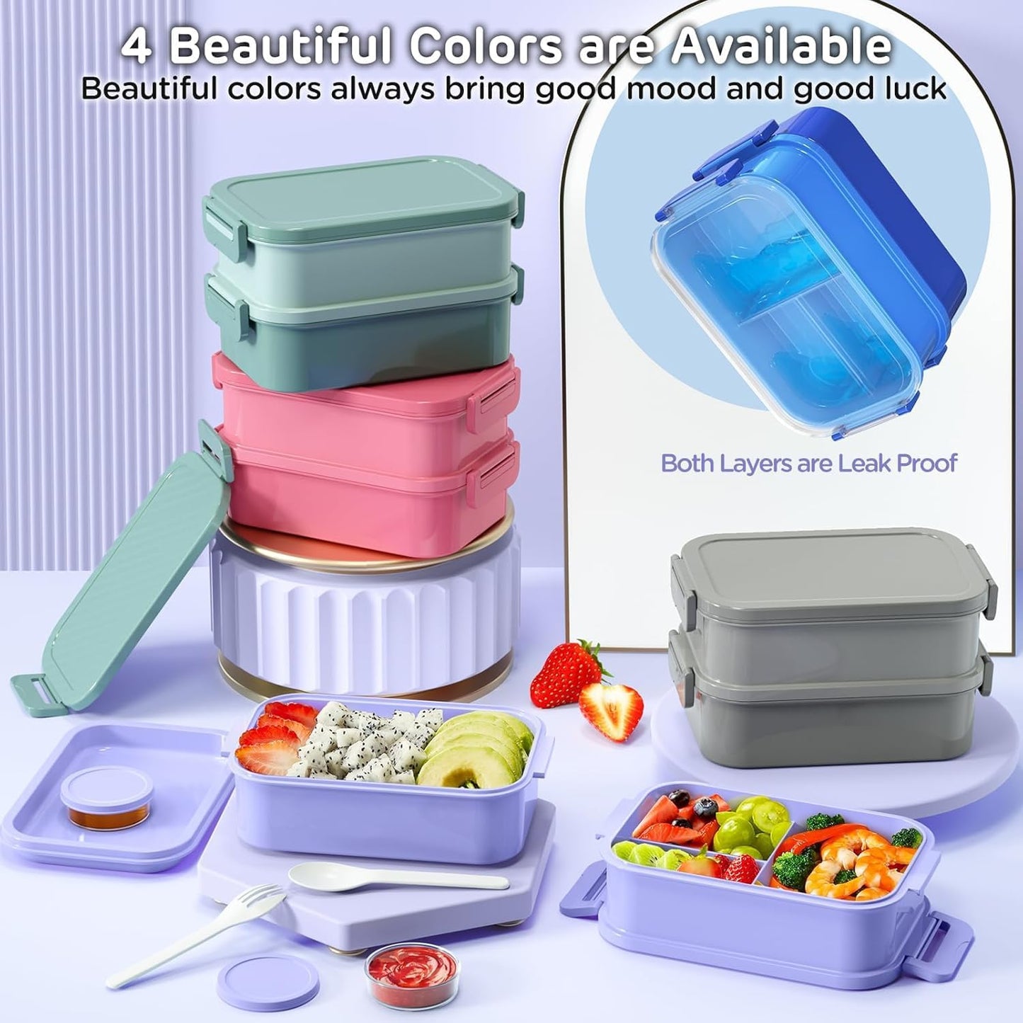 JSCARES Lunch Box Adults Bento Box - All-in-One Stackable 74 OZ Lunch Box Containers for Adult Large Bento Box with Fork Spoon Sauce Boxes, Leakproof Lunchbox for Work School Dining Out (Green)