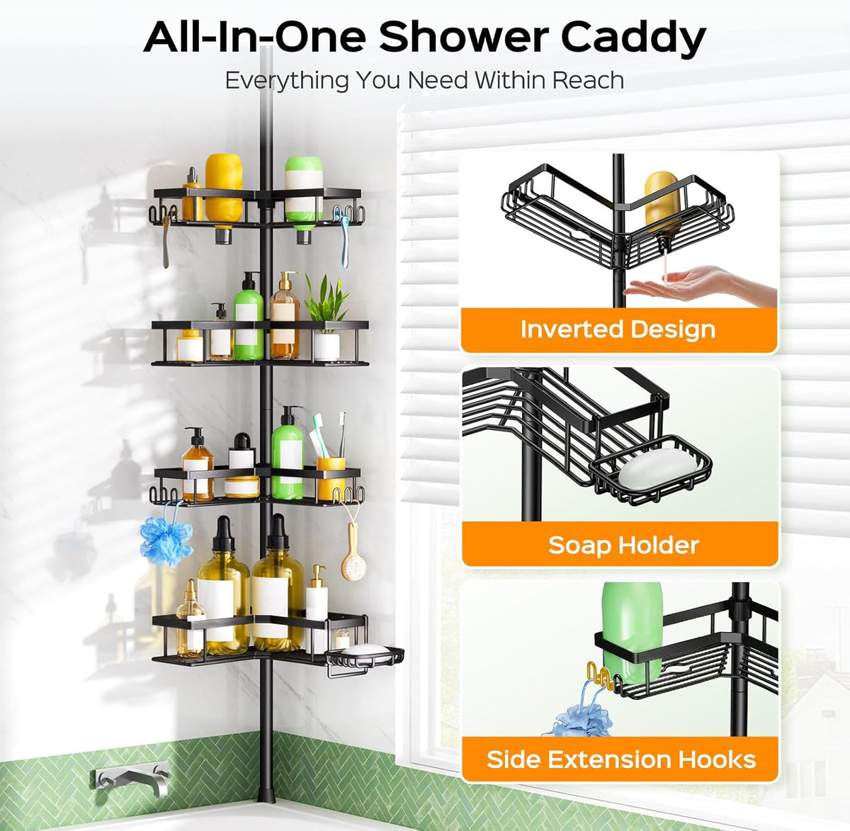 HAMITOR Corner Shower Caddy Tension Pole: 4-Tier Adjustable Organizer