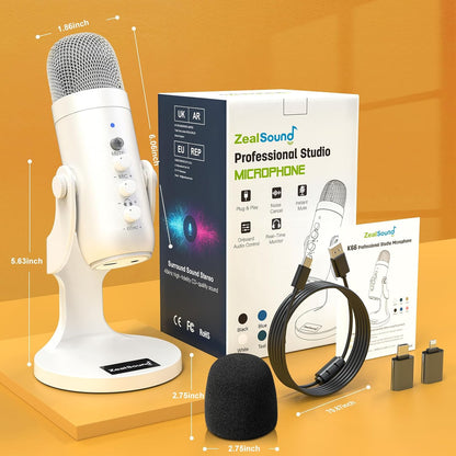 ZealSound Podcast Microphone, Noise Cancellation Mic with Gain, Volume Adjustment & Mute Button, Monitor & Echo, for ASMR, Vocal Recording, YouTube, TikTok, PC, iPhone, iPad, Android, Mac, K66, White