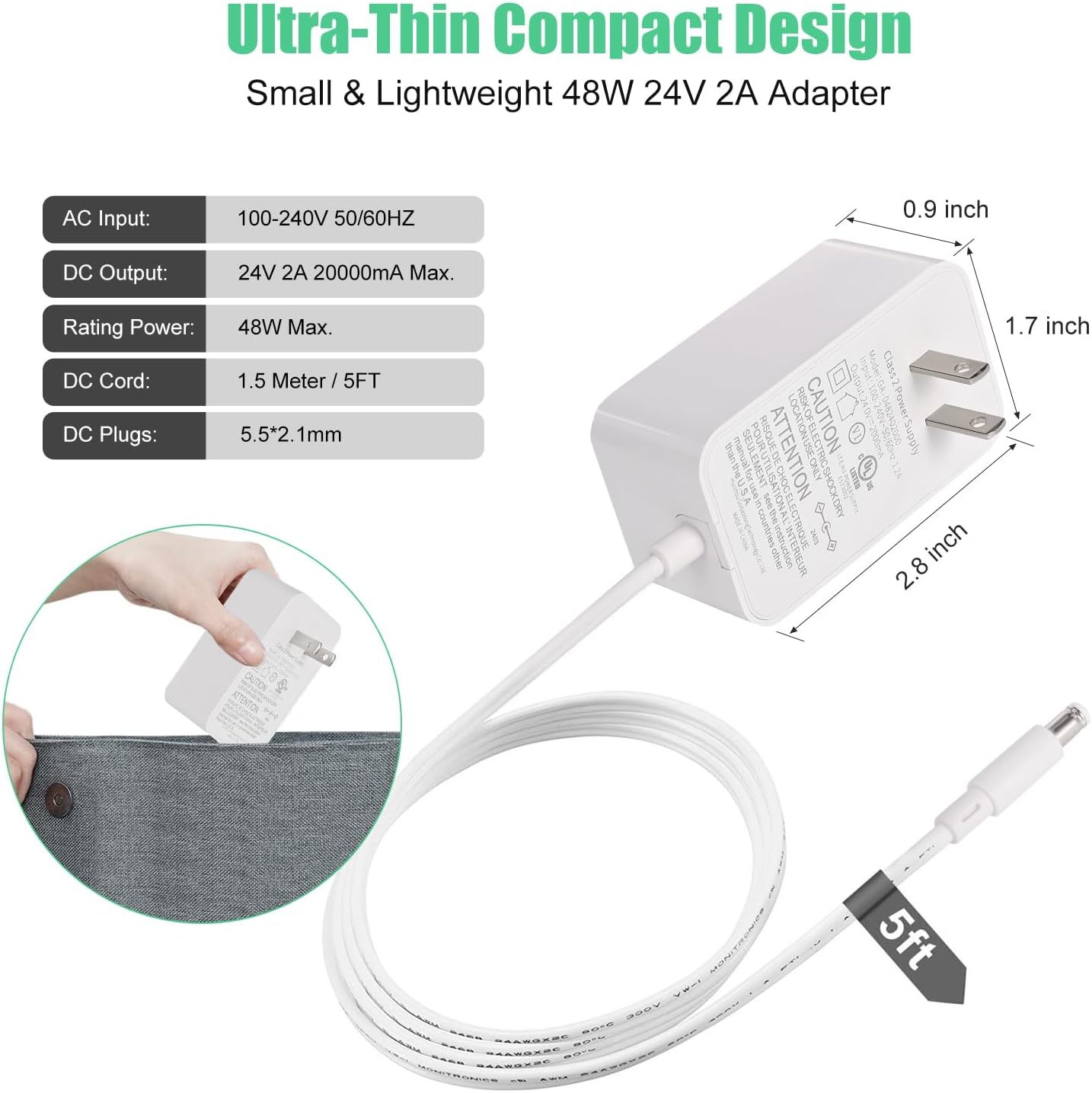 Wefomey 24V 3A Power Supply UL Listed, AC 100~240V to 24V DC Adapter Transformer with 5.5x2.1mm DC Plug, 24 Volt 3 Amp 72W Wall Charger for 5050 3528 LED Strip Light LED Driver CCTV Security System