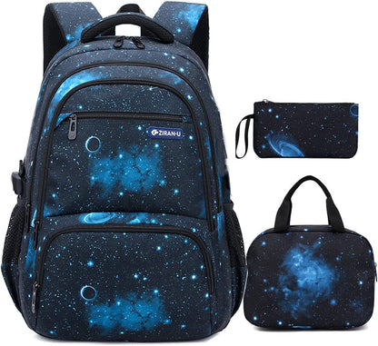 Boys Backpacks Primary Junior High School Bag Kids Bookbag with Lunch Bag 3 in 1 Casual Daypack Set Space Galaxy Durable Knapsack
