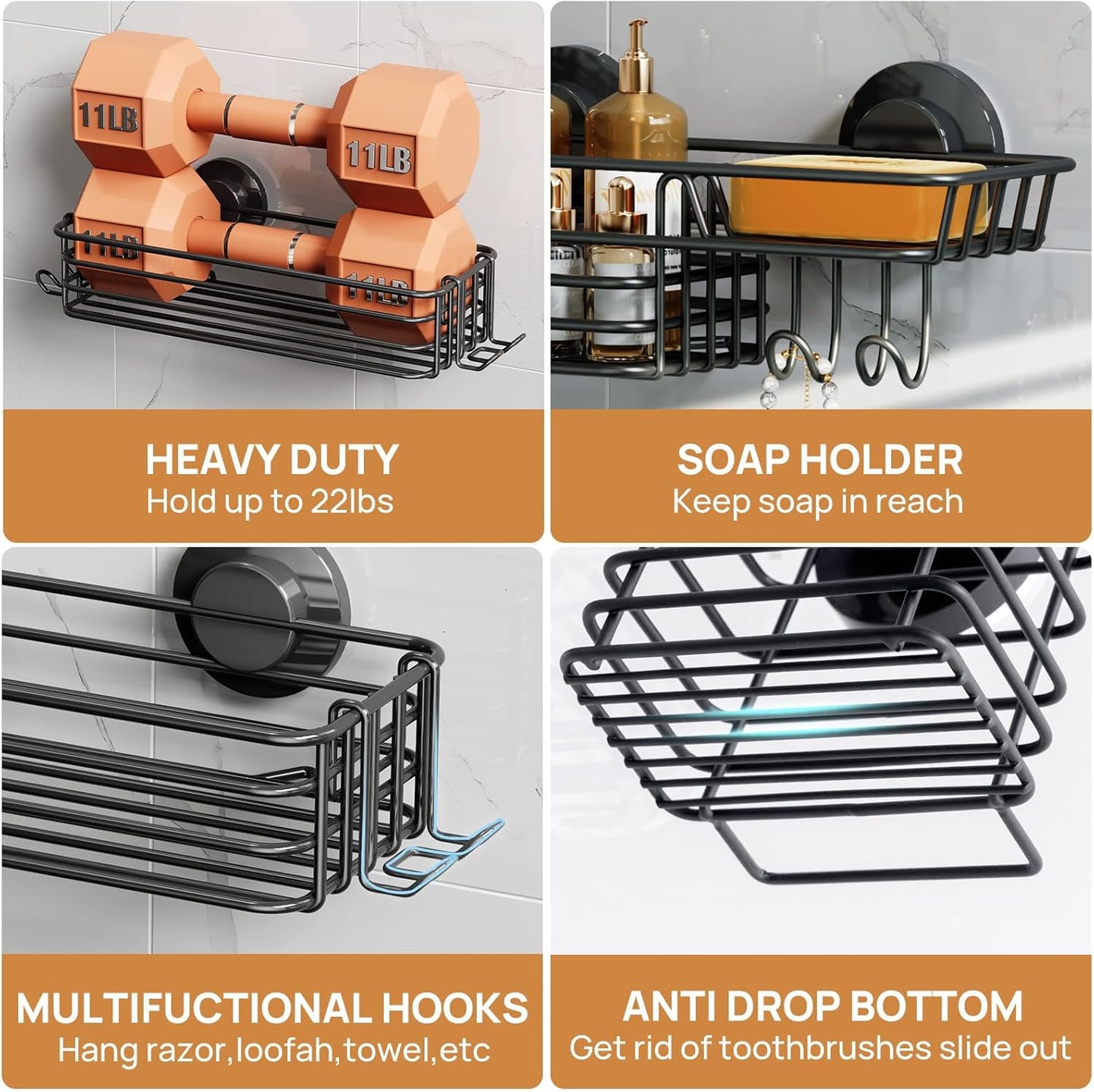 LEVERLOC Shower Caddy Suction Cup, 2 Pack Black Shower Shelf with Hooks and Soap Holder, NO-Drilling Bathroom Organizer, Rustproof Metal Bathroom Storage and Organization