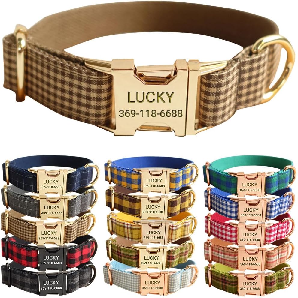 PETDURO Personalized Buffalo Plaid Dog Collar Red Black - Engraved Name and Phone Number on Black Metal Buckle - Custom for Small Medium Large Boy Girl Dogs - Add Leash Bow Tie via Customize Now
