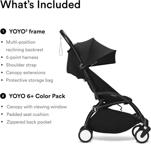 Stokke YOYO3 Stroller from 6 Months - Includes Black Frame, Seat Cushion & Canopy - Folds In & Out in a Flash - Light & Compact - Carry-On Compatible