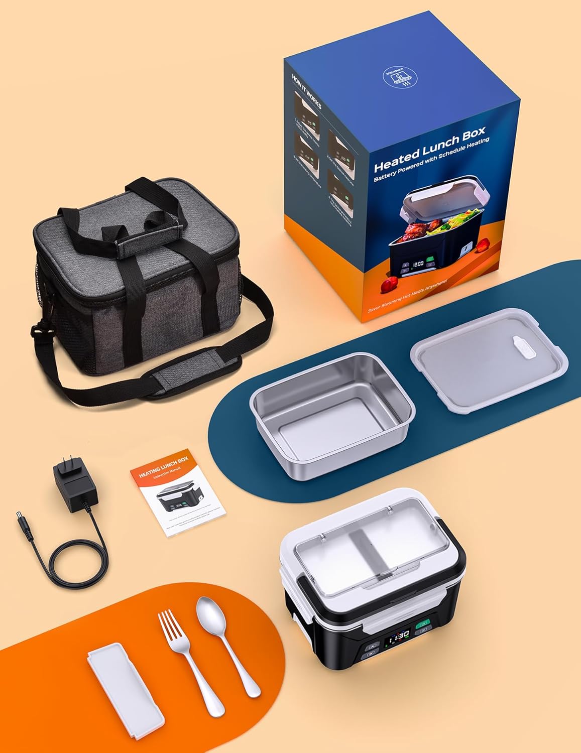 Docusvect Cordless Electric Lunch Box for Adults, Heated Lunch Box Battery Powered with Automatic Heating, 1.3L Portable Food Warmer with Removable Tray Divider