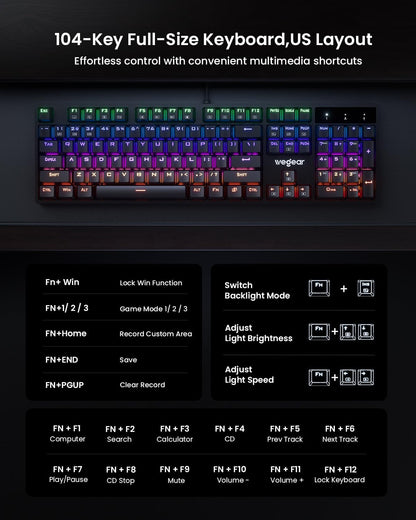 RGB Mechanical Gaming Keyboard Blue Switch, 104 Keys Full-Size Light Up Keyboard with 11 Backlit Modes, Anti-Ghosting, Double-Shot ABS Keycaps, USB Wired Computer Keyboard for Windows PC Gamer