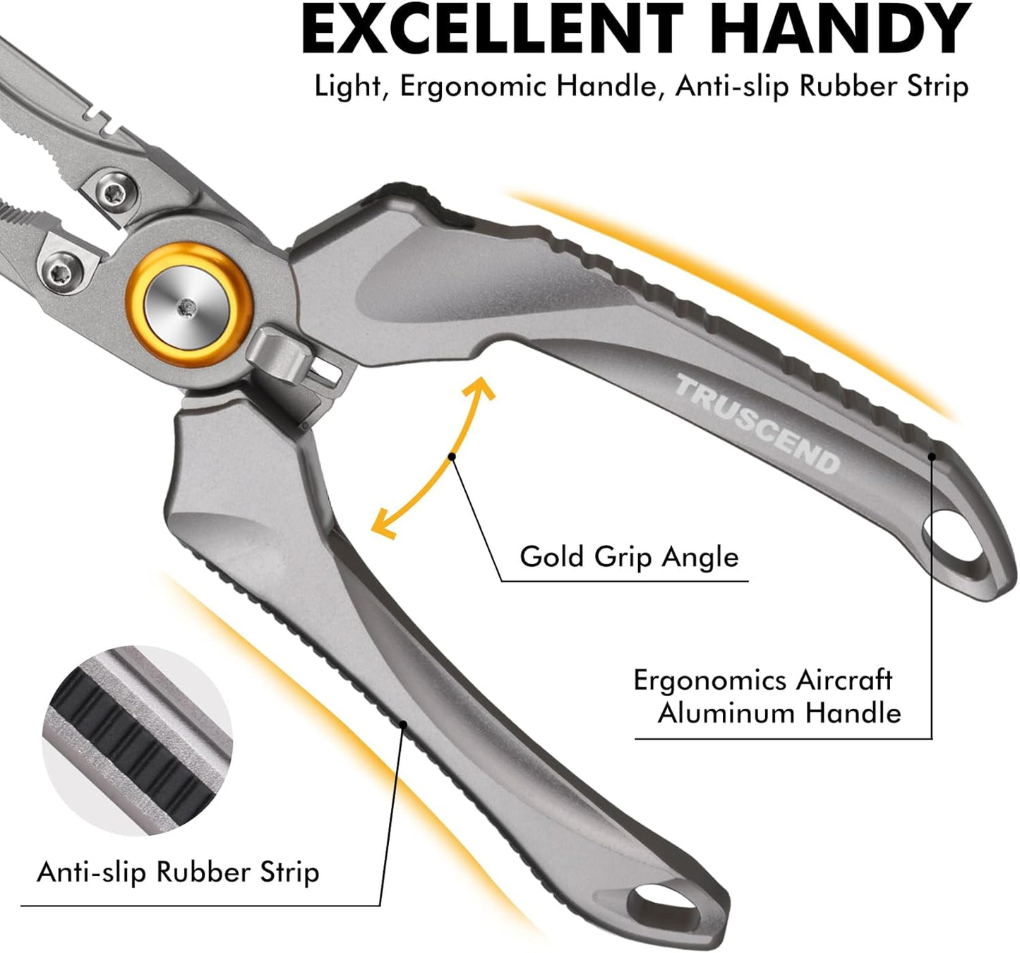 TRUSCEND Lockable Handy Fishing Pliers with Innovative Ergonomic Handle, Saltwater Corrosion Resistant Teflon Coated Fishing Tool, Multi-Function Fishing Gear with Mo-V Cutter, Amazing Fishing Gift