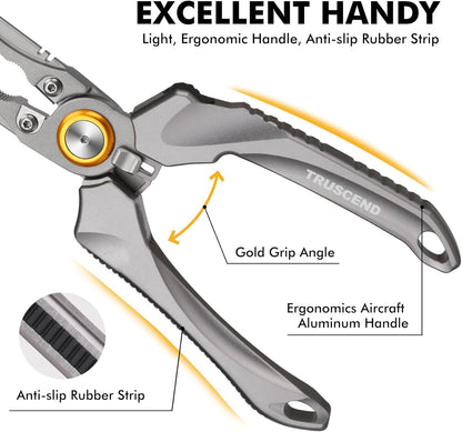 TRUSCEND Lockable Handy Fishing Pliers with Innovative Ergonomic Handle, Saltwater Corrosion Resistant Teflon Coated Fishing Tool, Multi-Function Fishing Gear with Mo-V Cutter, Amazing Fishing Gift