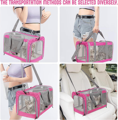 Pet Carrier for Large Cats of 20 Lbs, Collapsible Carrier Bag for Big Cat or 2 Kittens,Soft Sided Puppy Carrier with Sturdy Travel Transport Strap, Adequate Ventilation, 4 Mesh Windows (Blue)