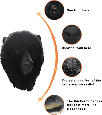 Black Bear Head Mask Full Face Plush Bear Costume Deluxe Halloween Party Animal Head Masks