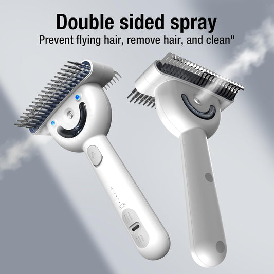 Pet Grooming Brush with Double-Sided Spray and UV Sterilization - 360° Rotating Round Needle, Depilatory Comb and Long Hair Brush, Waterproof, Rechargeable - For Long or Curly Haired Pets - PuriLite