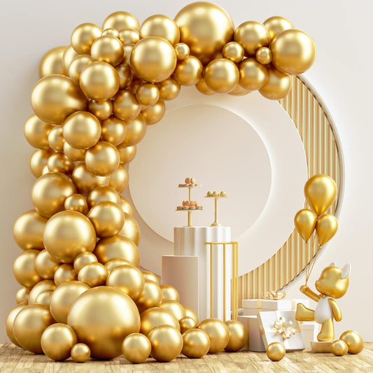 Gold Metallic Chrome Latex Balloon Arch Kit, 102PCS 18In 12In 10In 5In Arch Garland For Festival Picnic, Engagement, Wedding, Birthday Party, Gold Theme Anniversary Decoration With 33FT Ribbon
