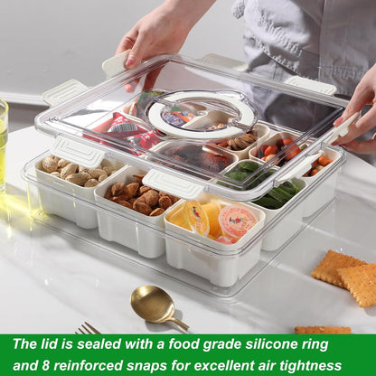 Taiuloo Divided Serving Tray with Lid & Handle, Airtight 6 Compartment Snackle Box Charcuterie Container, Fridge Organizer Bins, Food Storage Container Veggie Tray for Snack, Fruit, Salad, Nut