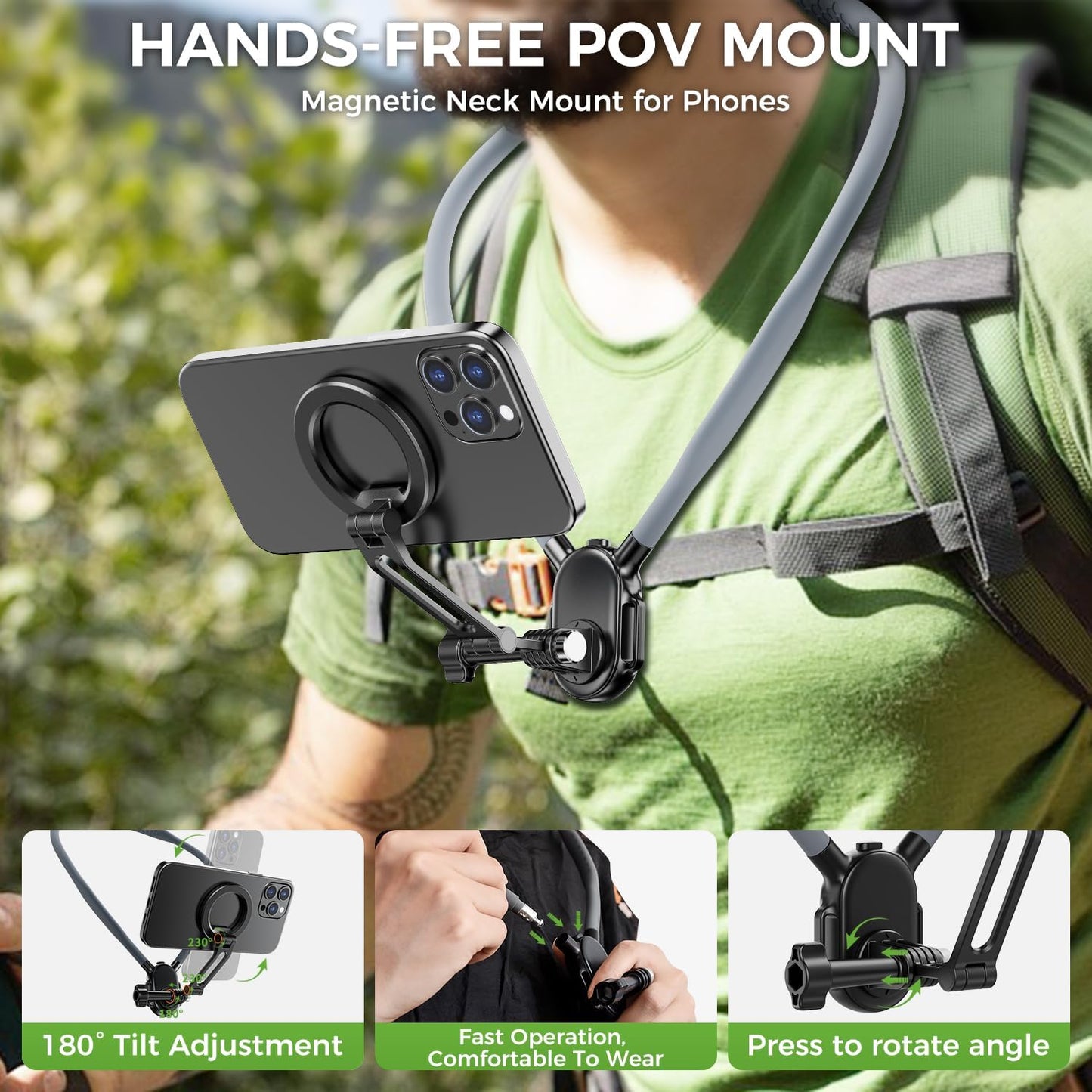 Magnetic Neck Phone Holder, Neck Mount for Cell Phone Hands Free POV/Vlog Selfie Mount with Chest Strap, Phone Neck Holder for Recording/Cooking/Riding, iPhone 17 16 15 14 13 12 Android Insta360