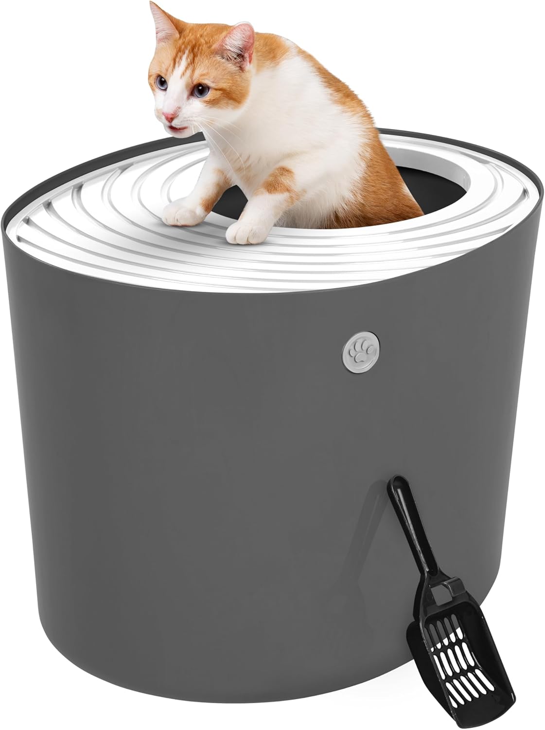 IRIS USA Top Entry Cat Litter Box with Scoop - Large - Stylish Enclosed Round Oval Kitty Dog Proof Box, Litiere Pour Chat Bac - White/Beige