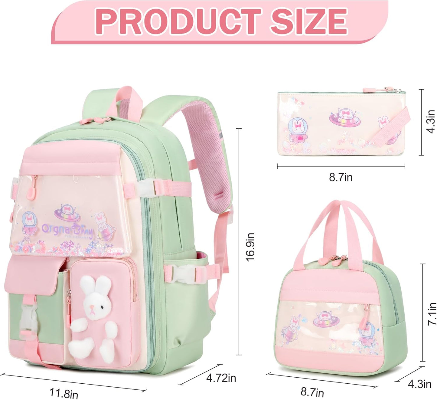 FIXITOK Girls Backpack Set, 3PCS Kids Backpack for Girls, Kawaii Bunny School Backpacks for Girl Kindergarten Elementary Preschool Middle School Bags with Lunch Box Pencil Case Aquamarine