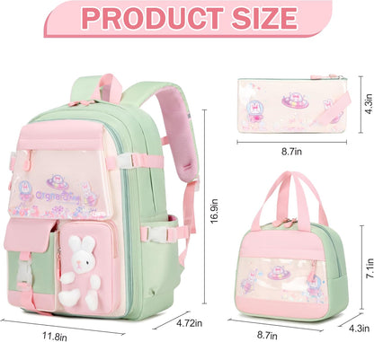 FIXITOK Girls Backpack Set, 3PCS Kids Backpack for Girls, Kawaii Bunny School Backpacks for Girl Kindergarten Elementary Preschool Middle School Bags with Lunch Box Pencil Case Aquamarine