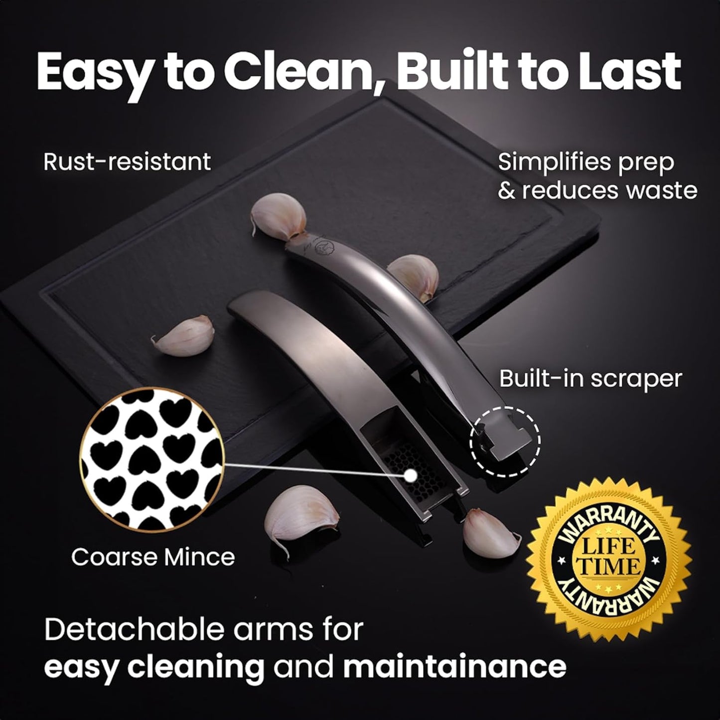 No Peeling Required Garlic Press Stainless Steel with Detachable Handle for Fine Mincing-Premium Garlic Mincer Tool, Rust-Proof, Easy to Clean, Dishwasher Safe Garlic Crusher with Lifetime Replacement